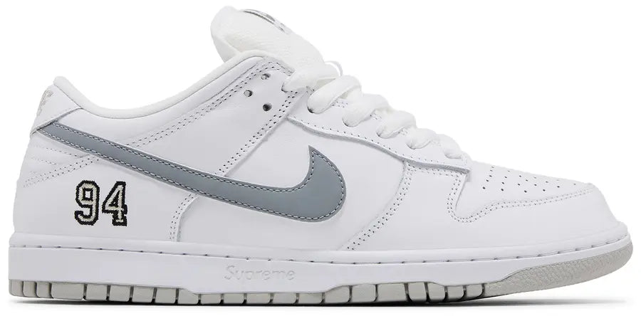 Supreme x Nike Dunk Low SB 'White Metallic Silver' -Size 10.5